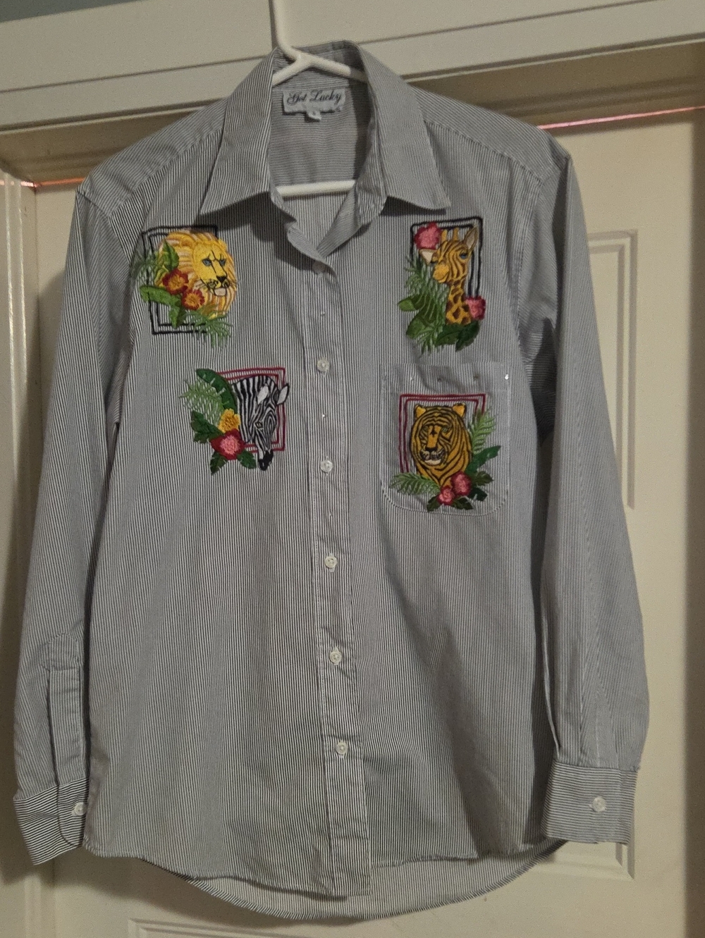 Get Lucky Light Blue Striped Embroidered Button-Down Blouse